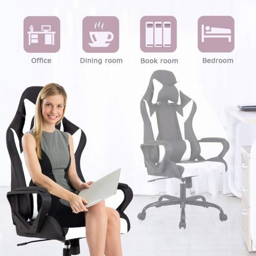  PayLessHere Racing Office Chair, High-Back PU Leather Gaming Chair Reclining Computer Desk Chair Ergonomic Executive Swivel Rolling Chair with Adjustable Arms Lumbar Support for Women, Men(Whi