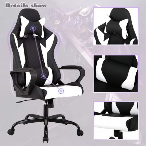  PayLessHere Racing Office Chair, High-Back PU Leather Gaming Chair Reclining Computer Desk Chair Ergonomic Executive Swivel Rolling Chair with Adjustable Arms Lumbar Support for Women, Men(Whi