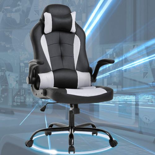  PayLessHere Gaming Office Chair, High-Back PU Leather Racing Chair, Reclining Computer Executive Desk Chairs with Lumbar Support Adjustable Arms Rolling Swivel Chair for Women, Men(White)