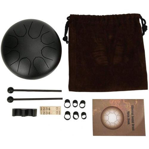  Pbzydu Mini Steel Tongue Drum, 8 Tones 6 Inches Pan Drum C Major Hand Tank Tongue Drum with Rubber Support Pad with Storage Bag(Black)