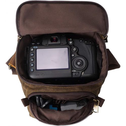  Peacechaos Waterproof Camera Bag/Case, Vintage Canvase Leather Trim DSLR SLR Camera Shoulder Messenger Sling Bag for for Nikon, Canon, Sony, Pentax, Olympus Panasonic, Samsung & Many More