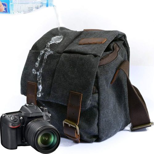  Peacechaos Waterproof Camera Bag/Case, Vintage Canvase Leather Trim DSLR SLR Camera Shoulder Messenger Sling Bag for for Nikon, Canon, Sony, Pentax, Olympus Panasonic, Samsung & Many More