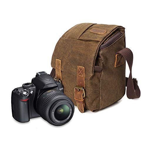  Peacechaos Waterproof Camera Bag/Case, Vintage Canvase Leather Trim DSLR SLR Camera Shoulder Messenger Sling Bag for for Nikon, Canon, Sony, Pentax, Olympus Panasonic, Samsung & Many More