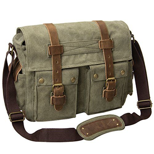  Peacechaos Mens Canvas Camera Bag Leather DSLR SLR Camera Case Vintage Camera Messenger Bag Shoulder Bag Sling Bag (Army Green)