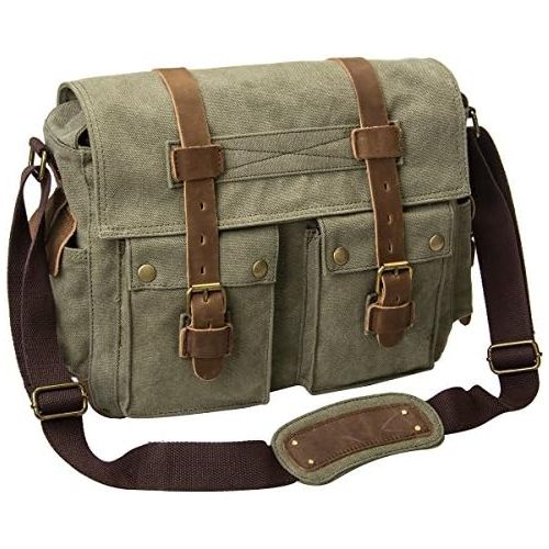  Peacechaos Mens Canvas Camera Bag Leather DSLR SLR Camera Case Vintage Camera Messenger Bag Shoulder Bag Sling Bag (Army Green)