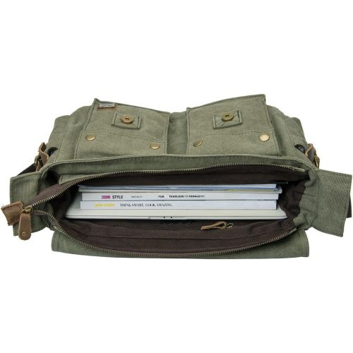  Peacechaos Mens Canvas Camera Bag Leather DSLR SLR Camera Case Vintage Camera Messenger Bag Shoulder Bag Sling Bag (Army Green)