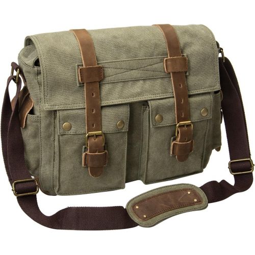  Peacechaos Mens Canvas Camera Bag Leather DSLR SLR Camera Case Vintage Camera Messenger Bag Shoulder Bag Sling Bag (Army Green)