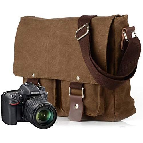  Peacechaos Compatible with/Replacement Vintage Waterproof Canvas Leather Trim DSLR SLR Shockproof Camera Shoulder Messenger Bag (Coffe)