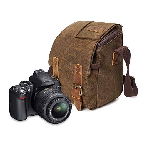  Peacechaos Waterproof Camera Bag/Case, Vintage Canvase Leather Trim DSLR SLR Camera Shoulder Messenger Sling Bag for for Nikon, Canon, Sony, Pentax, Olympus Panasonic, Samsung & Many More