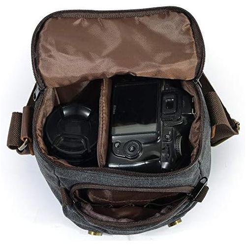  Peacechaos Waterproof Camera Bag/Case, Vintage Canvase Leather Trim DSLR SLR Camera Shoulder Messenger Sling Bag for for Nikon, Canon, Sony, Pentax, Olympus Panasonic, Samsung & Many More