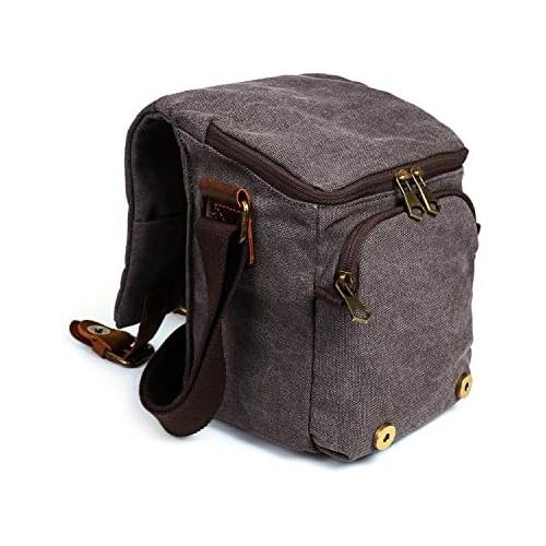  Peacechaos Waterproof Camera Bag/Case, Vintage Canvase Leather Trim DSLR SLR Camera Shoulder Messenger Sling Bag for for Nikon, Canon, Sony, Pentax, Olympus Panasonic, Samsung & Many More