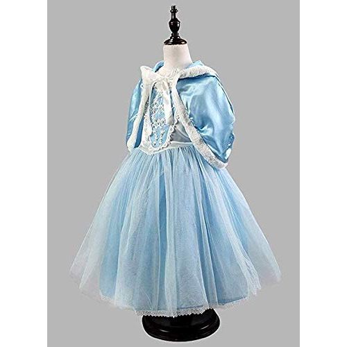  Peachi E4 Little Girl Princess Dress with Hoodie Cape Costume Ice Frozen Blue for Age 3 to 12 Cosplay Halloween Party