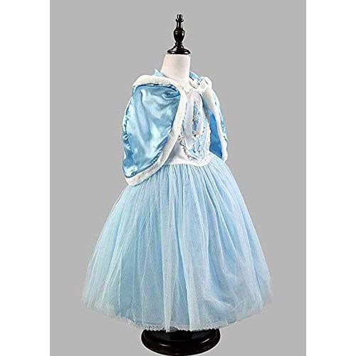  Peachi E4 Little Girl Princess Dress with Hoodie Cape Costume Ice Frozen Blue for Age 3 to 12 Cosplay Halloween Party