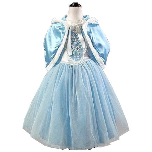  Peachi E4 Little Girl Princess Dress with Hoodie Cape Costume Ice Frozen Blue for Age 3 to 12 Cosplay Halloween Party