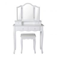 Peachtree Press Inc Peach Tree Vanity Table Set, Tri-Folding Mirror, 4 Drawers,Makeup Dressing Table with Cushioned Stool Easy Assembly, White