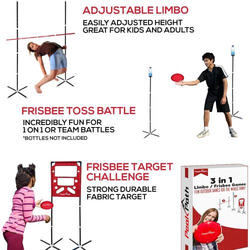  Peak Path The Ultimate Frisby 3 in 1 Outdoor Sports Game Set - Perfect for Backyards, Lawns, Beaches, Tailgates or Parks. Transforms from Adjustable Limbo to a Frisby Target Challenge to a F