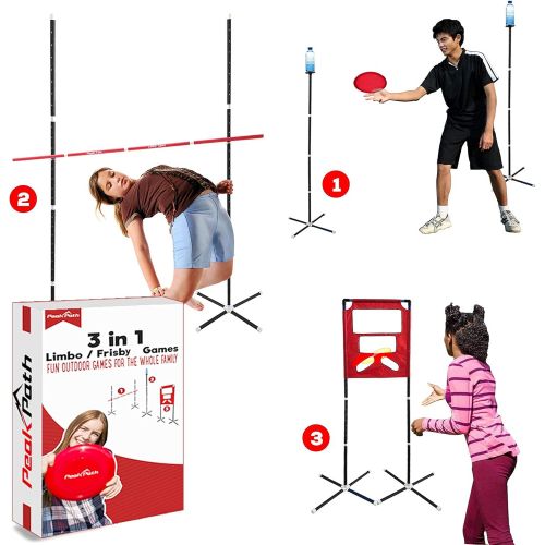  Peak Path The Ultimate Frisby 3 in 1 Outdoor Sports Game Set - Perfect for Backyards, Lawns, Beaches, Tailgates or Parks. Transforms from Adjustable Limbo to a Frisby Target Challenge to a F