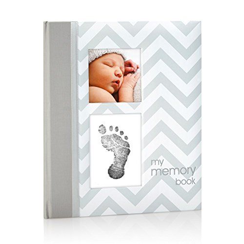  [아마존베스트]Pearhead First 5 Years Chevron Baby Memory Book with Clean-Touch Baby Safe Ink Pad to Make Baby’s Hand or Footprint Included, Gray