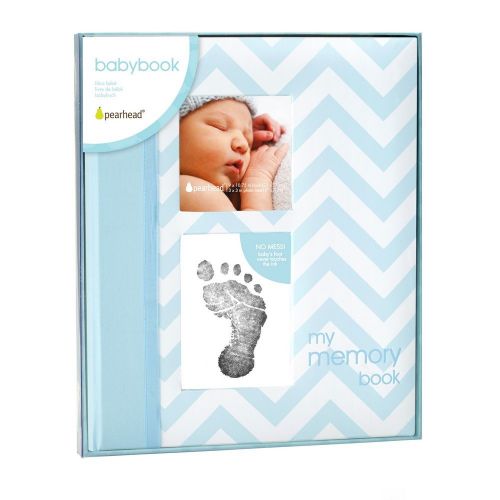  [아마존베스트]Pearhead First 5 Years Chevron Baby Memory Book with Clean-Touch Baby Safe Ink Pad to Make Baby’s Hand or Footprint Included, Blue