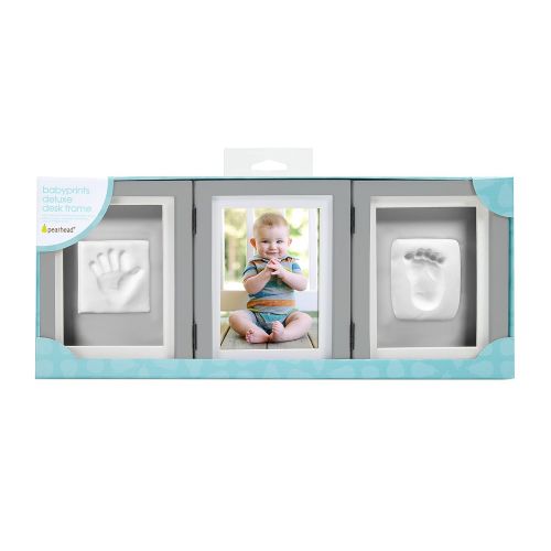  [아마존베스트]Pearhead Babyprints Baby Handprint and Footprint Deluxe Desk Photo Frame & Impression Kit - Makes A Perfect Baby Shower, Gray