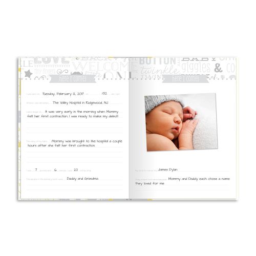  Little Blossoms by Pearhead Vintage Five Year Memory Book with an Included Clean-Touch Pad to Create Babys Handprint or Footprint, Yellow and Gray