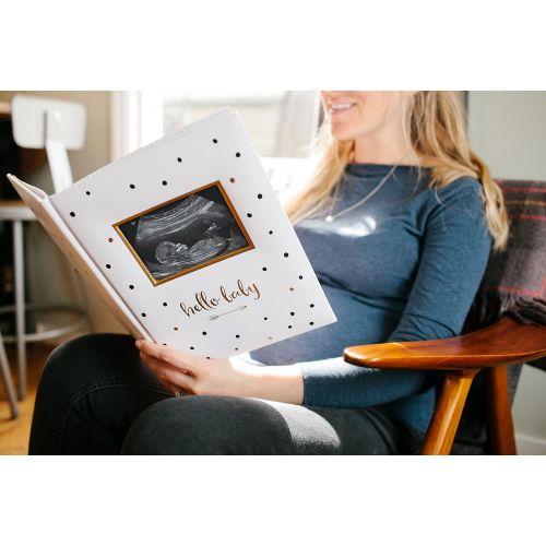  Pearhead First 5 Years Baby Memory Book with Sonogram Photo Insert, Black and Gold Polka Dot