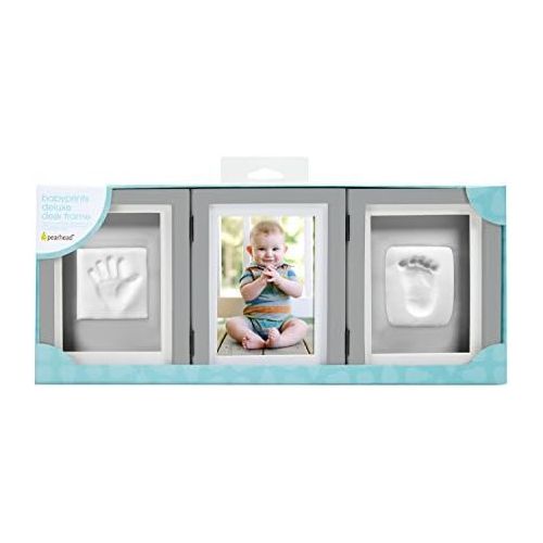  Pearhead Babyprints Baby Handprint and Footprint Deluxe Desk Photo Frame & Impression Kit - Makes A Perfect Baby Shower, Gray