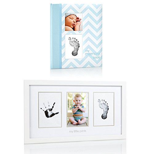  Maven Gifts: Pearhead Chevron Baby Book with Clean-Touch Ink Pad, Blue with Pearhead Baby Prints Photo Frame with Clean-Touch Ink Pad Included, White