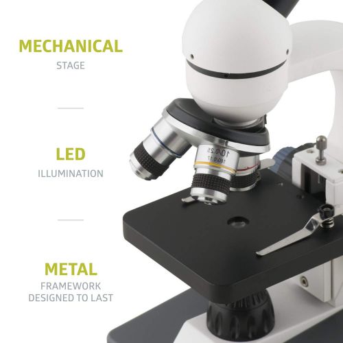  Pearington Kids Beginner Metal Compound Monocular Optical Glass Microscope; Science STEM Student Classroom Supplies; LED Light, 40X - 1000X Magnification