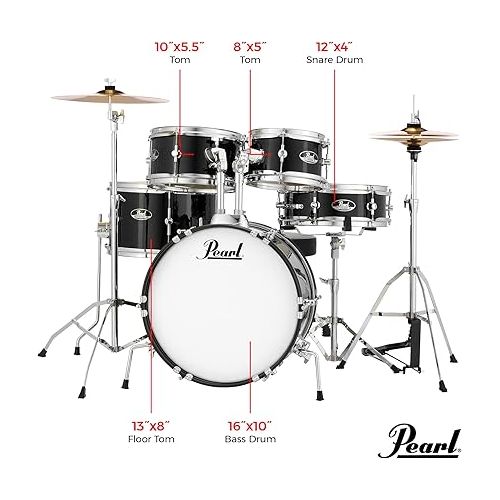  Pearl Roadshow Jr. 5 piece Drum Set w/Hardware and Cymbals, Jet Black