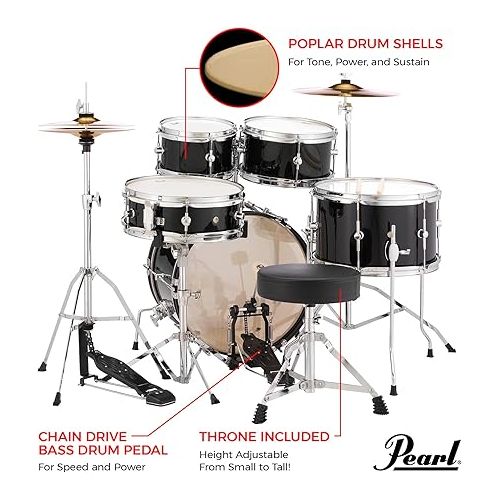 Pearl Roadshow Jr. 5 piece Drum Set w/Hardware and Cymbals, Jet Black