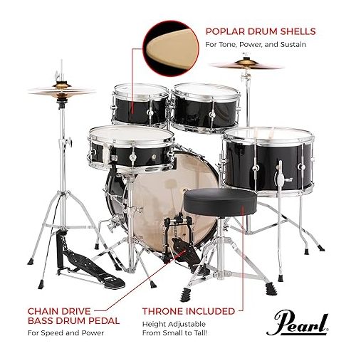  Pearl Roadshow Jr. 5 Piece Drum Set with Hardware and Cymbals, Gindstone Sparkle (RSJ465C/C708)