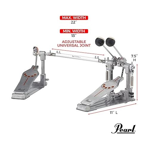  Pearl P932 Longboard Double Bass Drum Pedal with Sprocketless Chain Drive , Powershifter Pedalboard, and Dual Interchangeable Cams.