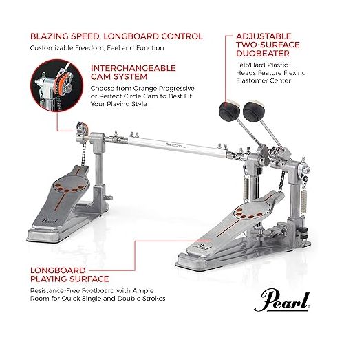  Pearl P932 Longboard Double Bass Drum Pedal with Sprocketless Chain Drive , Powershifter Pedalboard, and Dual Interchangeable Cams.