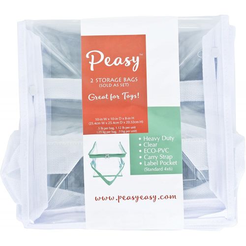  [아마존베스트]Peasy Products Toy Organizer for Toys Like Legos, Stuffed Animals, Games. Closet Organizer, Travel and Storage Bag. Clear and White Sturdy Zippered 10x10x8, Set of 2