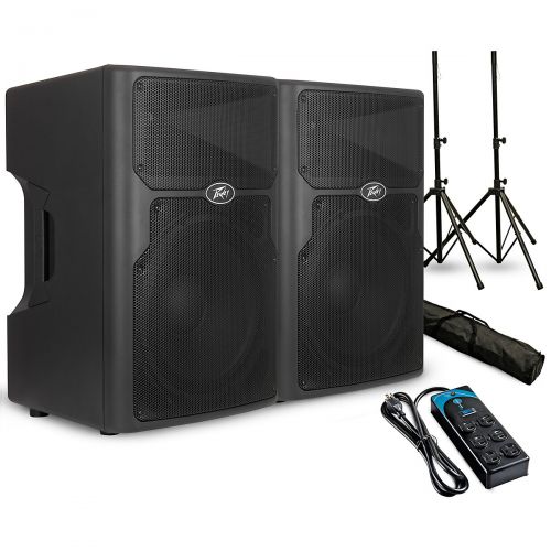  Peavey PVXp 15 15 Powered Speaker Pair with Stands and Power Strip