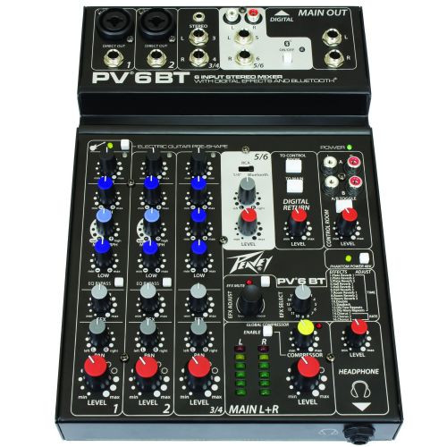  Package: Peavey PV 6BT PV6BT Pro Audio Mixer With 2 Mic Inputs, Bluetooth, USB, CompressorEffects 2 Combo XLRs, and 3 Band EQ + 4 Channel AutoTune + Peavey PV 20 XLR Female to Mal