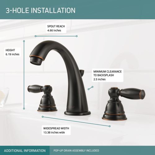  Peerless Claymore Widespread Bathroom Faucet Oil Rubbed Bronze, Bathroom Faucet 3 Hole, Drain Assembly, Oil-Rubbed Bronze P299196LF-OB