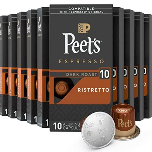  Peets Coffee Espresso Capsules Ristretto, Intensity 10, 100 Count Single Cup Coffee Pods Compatible with Nespresso Original Brewers