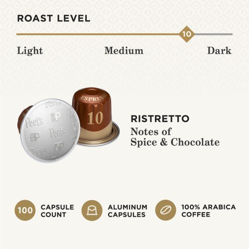  Peets Coffee Espresso Capsules Ristretto, Intensity 10, 100 Count Single Cup Coffee Pods Compatible with Nespresso Original Brewers