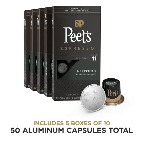  Peets Coffee Espresso Capsules Nerissimo, Intensity 11, 50 Count Single Cup Coffee Pods Compatible with Nespresso Original Brewers