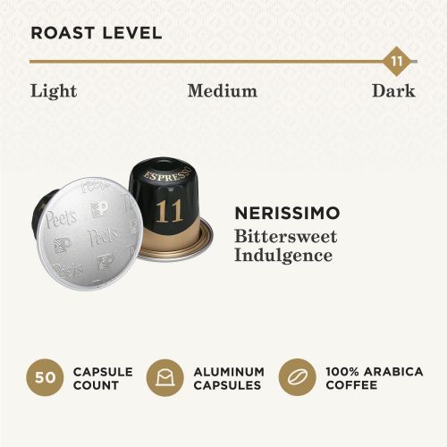  Peets Coffee Espresso Capsules Nerissimo, Intensity 11, 50 Count Single Cup Coffee Pods Compatible with Nespresso Original Brewers