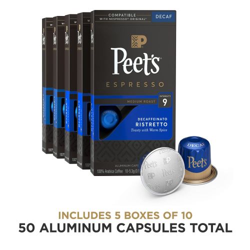  Peets Coffee Espresso Capsules Decaffeinato Ristretto Intensity 9, 50 Count Single Cup Coffee Pods Compatible with Nespresso Original Brewers