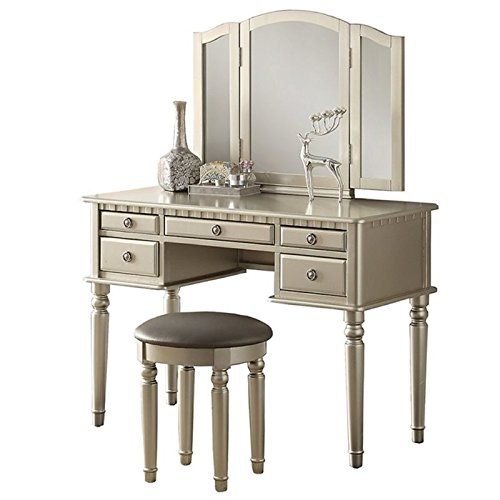  Pemberly Row Vanity Set with Stool in Silver