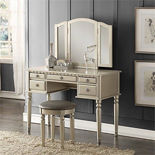  Pemberly Row Vanity Set with Stool in Silver