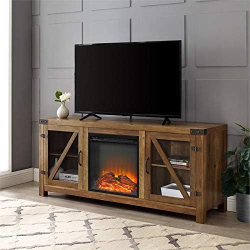  Pemberly Row 58 Glass Barn Door Fireplace TV Stand in Reclaimed Barnwood