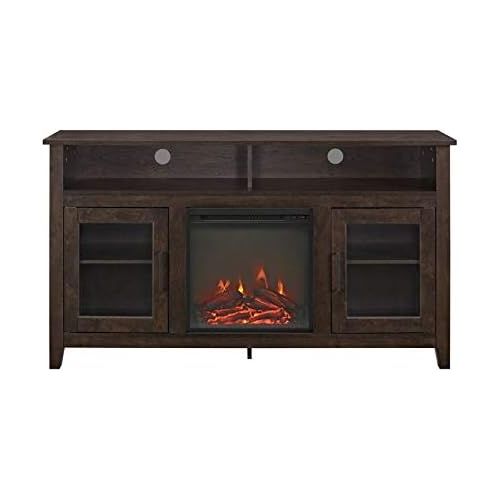  Pemberly Row 58 Tall Electric Fireplace TV Stand Console Highboy Rustic Wood with Glass Storage, for TVs up to 64, in Brown