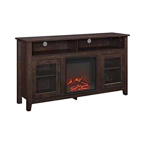  Pemberly Row 58 Tall Electric Fireplace TV Stand Console Highboy Rustic Wood with Glass Storage, for TVs up to 64, in Brown
