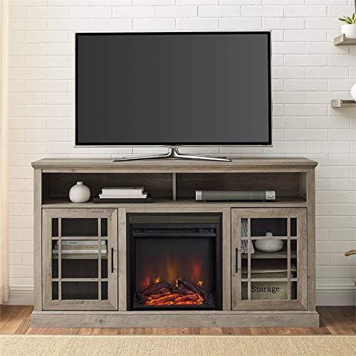  Pemberly Row 58 Classic Glass Door Highboy Fireplace TV Stand in Gray Wash