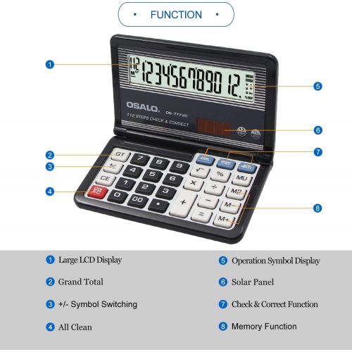  Pendancy Folding 12 Digit Large LCD Display Calculator, Pocket Handheld Desktop Calculators with Solar Battery Dual Power for Office, Home, School (Black)